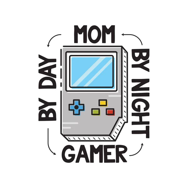 Taşınabilir oyun konsolunun vektör illüstrasyonunda Anneler Günü kutlamaları için Gece Gündüz Oyuncu Anne 'ye beyaz arka planda mesaj atıldı — Stok Vektör