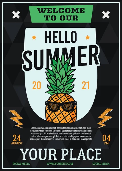 带有菠萝的病媒标语牌宣布"大家好夏季"活动 — 图库矢量图片