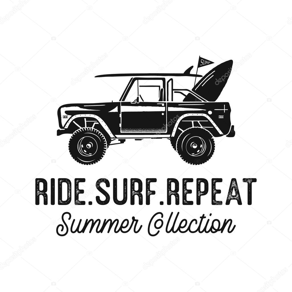 Vector illustration of retro car with surfboard in trunk depicted over Ride Surf Repeat inscription for summer collection t shirt design against white background