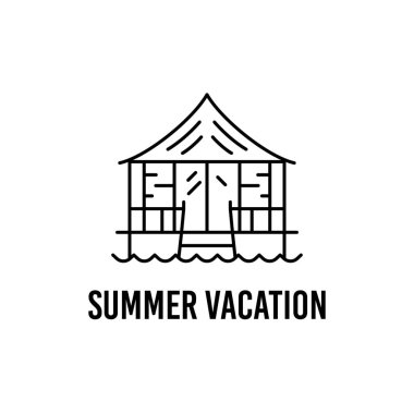 Minimalist stil tasviri. Yaz Tatili yazıtları ve deniz kıyısındaki yazlık evde logo ve t-shirt tasarımı.