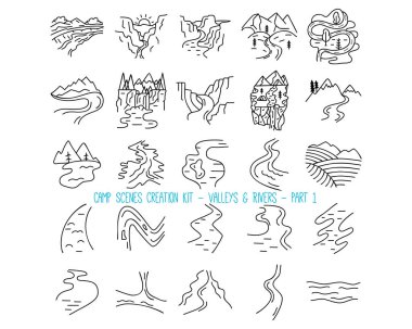 Doğa ve macera konsepti tasarımları için doğrusal stil nehirlerin ve dağların basit örneklerinin toplanması