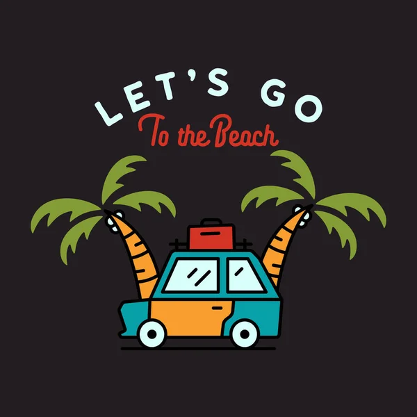 Minimalist outline illustration of car and tropical palm trees with Lets Go To The Beach inscription for summer vacation and adventure concept logo and t shirt designs on black background