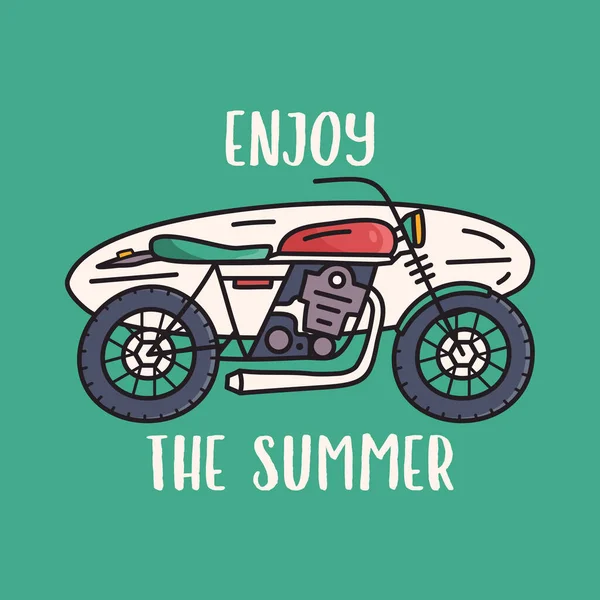 领略摩托与享受夏季设计T恤和其他带有绿色背景探险和旅行概念的印刷品图案 — 图库照片