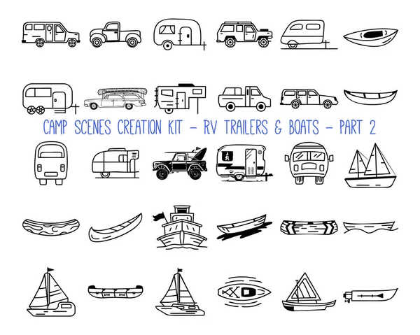 Collection of illustrations of outline graphic icons of recreational vehicles RV trailers of various types for summer adventure and camping concept designs. Part 2