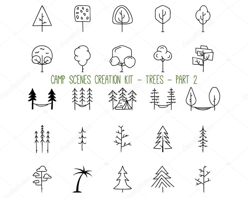 Collection of simple illustrations of outline graphic elements representing trees of various shapes for nature and camping concept designs. Part 2