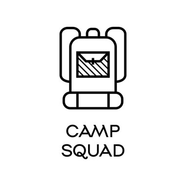 Creative vector illustration of linear style hiker backpack and Camp Squad inscription against white background