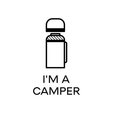 Creative vector logo of linear style I Am A Camper inscription and thermos icon against white background