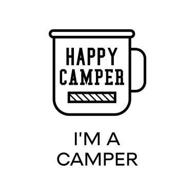 Outline vector illustration of mug with Happy Camper inscription above text on white background