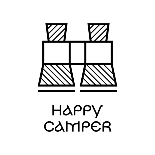 Minimalist Vector Illustration Binoculars Icon Happy Camper Text White Background — Stockvektor