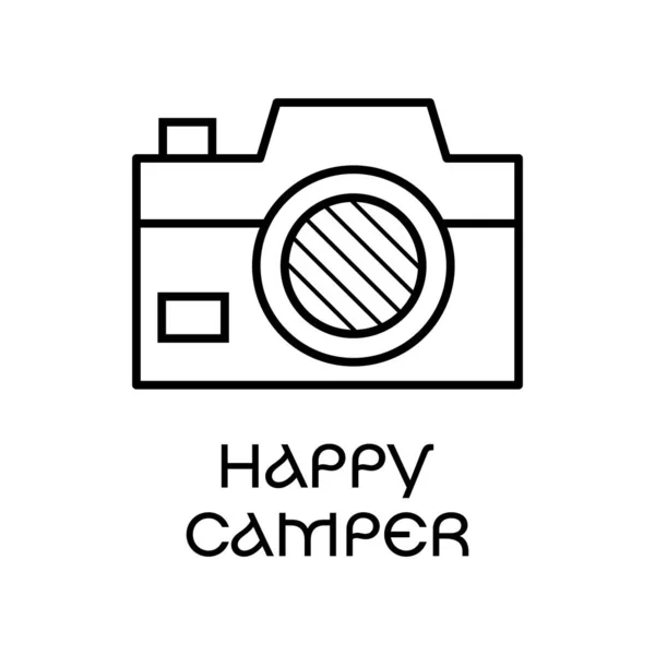 Flache Vektor Illustration Der Fotokamera Ikone Und Happy Camper Inschrift — Stockvektor