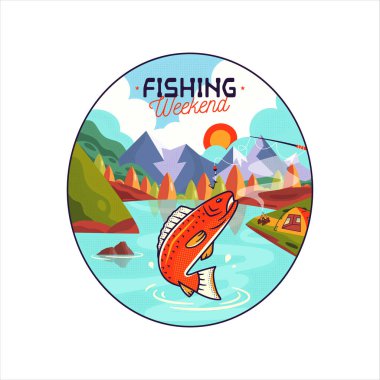 Yükseklerdeki kamp alanına karşı balık ve olta etiketinin vektör çizimi ve beyaz arkaplanda Balıkçılık Haftasonu metni,
