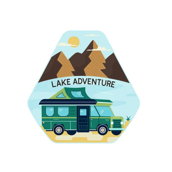 Illustration Cartoon Camper Parked Pond Mountains Lake Adventure Inscription White — Stockfoto