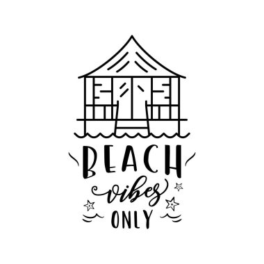 Deniz kıyısında küçük bir evi olan yaratıcı vektör pankartı ve sadece beyaz arka planda yazılar var..