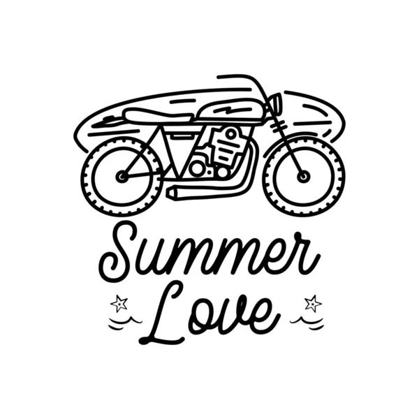 Simple Linear Style Vector Illustration Motorcycle Surfboard Summer Love Calligraphic — 图库矢量图片