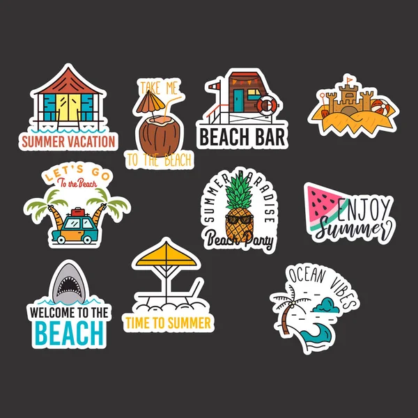 Beach Adventure Stickers Design Bundle Travel Hand Drawn Emblems Mountain — Stockový vektor