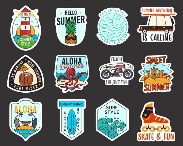 Summer Adventure Stickers Design Bundle Travel Emblems Mountain Outdoors Labels — Vettoriale Stock