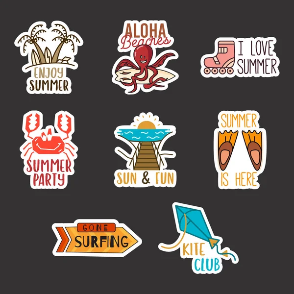 Summer Surfing Stickers Design Bundle Travel Hand Drawn Emblems Mountain — Vettoriale Stock
