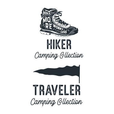 Eski Kamp Silueti Rozetleri. Açık Hava Yürüyüş Koleksiyonu 'ndan alıntılar var. Seyahat Tek Krom Amblemleri. Yürüyüş Logosu Tasarımı Seti. Stok vektör grafikleri.