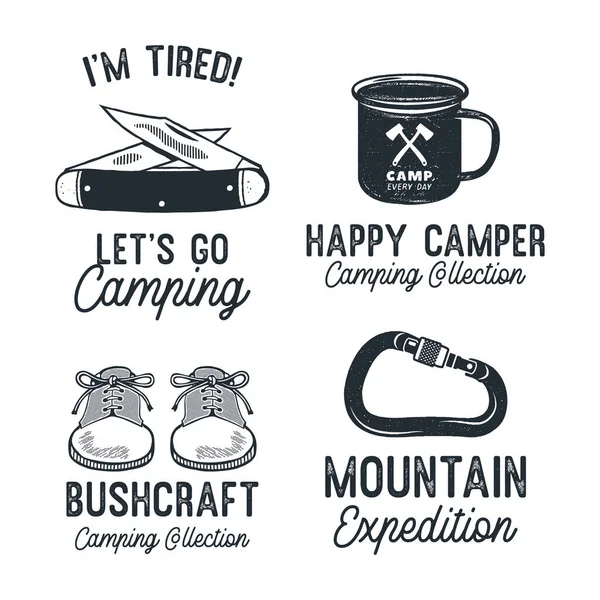 Ročník Camping Silhouette Odznaky Uvozovkami Mountain Expedition Cestovní Monochromatické Emblémy — Stockový vektor