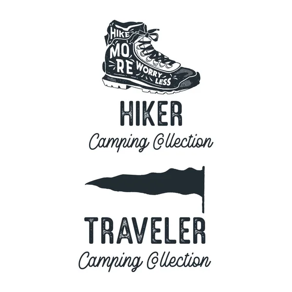 Vintage Camping Silhouette Badges Quotes Hiker Outdoor Collection Travel Monochrome — Image vectorielle