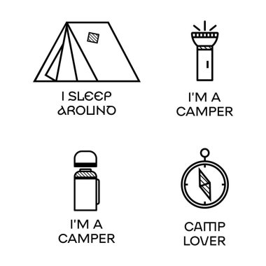 Camping Logo Icon Design in minimalist Line Art Style with Quote - I Sleep Around. Travel linear Emblem. Hiking Silhouette Label. Stock vector Badges Set.