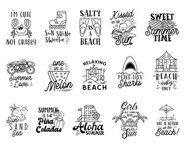 Summer badges big set with different quotes and sayings - Sweet Summer Time. Retro beach logos. VIntage surfing labels and emblems. Stock vector graphics.