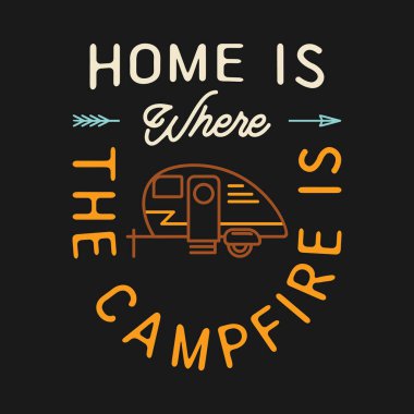 Kamp T-Shirt Tasarımı Minimalist Çizgi Sanat Tarzı ve Tırnak-Ev kamp ateşinin olduğu yer. Doğrusal seyahat amblemi. Renkli Marka Yürüyüşü. Stok vektörü.