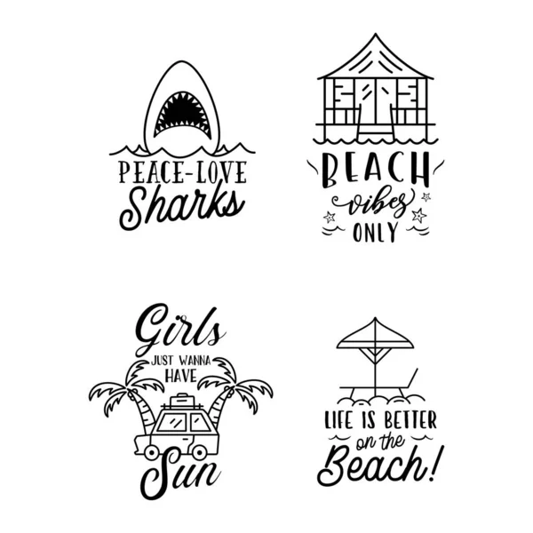 Summer Badges Set Different Quotes Sayings Peace Love Sharks Retro — Stockvector