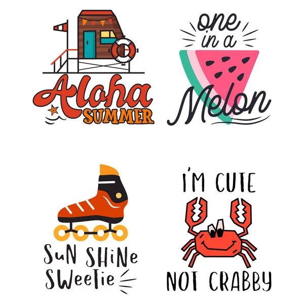 Summer Badges Set Different Quotes Sayings Aloha Summer Retro Beach — Vettoriale Stock