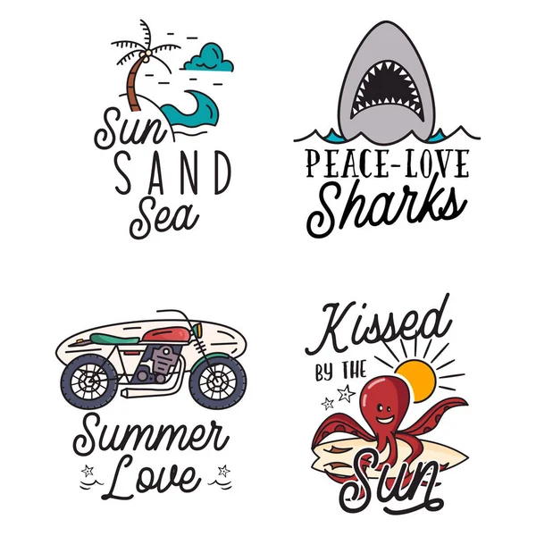 Summer Badges Set Different Quotes Sayings Kissed Sun Retro Beach — Vettoriale Stock