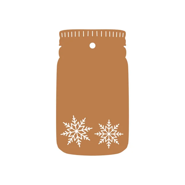 Minimalist Style Vector Illustration Brown Christmas Jar Gift Tag Snowflakes — ストックベクタ