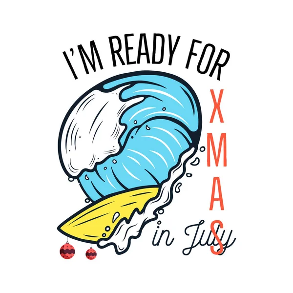 Flat Style Vector Banner Surfboard Wave Image Ready Xmas July — Stock Vector