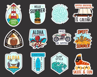 Funny creative vector stickers with various inscriptions and colorful summer thematic images against black background