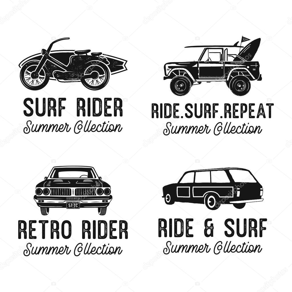 Flat style vector illustrations with various modern and retro vehicles and Summer Collection inscriptions against white background