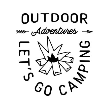 Flat style vector illustration of burning bonfire with Outdoor Adventures and Lets Go Camping inscriptions against white background