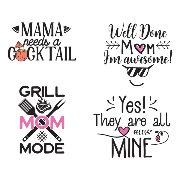 Flat Style Vector Illustrations Funny Inscriptions Mom Images White Background — Vetor de Stock