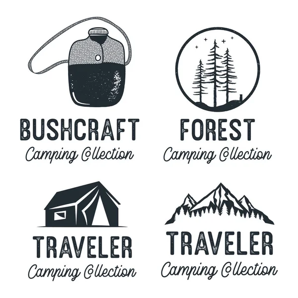Set Minimalist Vector Illustrations Bushcraft Forest Traveler Inscriptions Various Black — Stock Vector