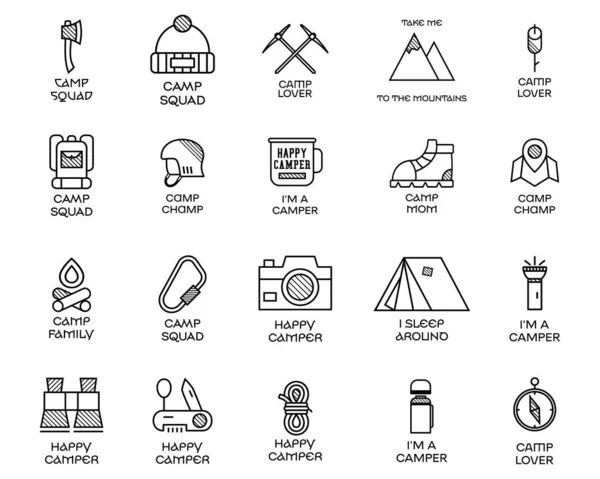Set Linear Style Vector Emblems Various Camp Theme Pictures Inscriptions — Stok Vektör