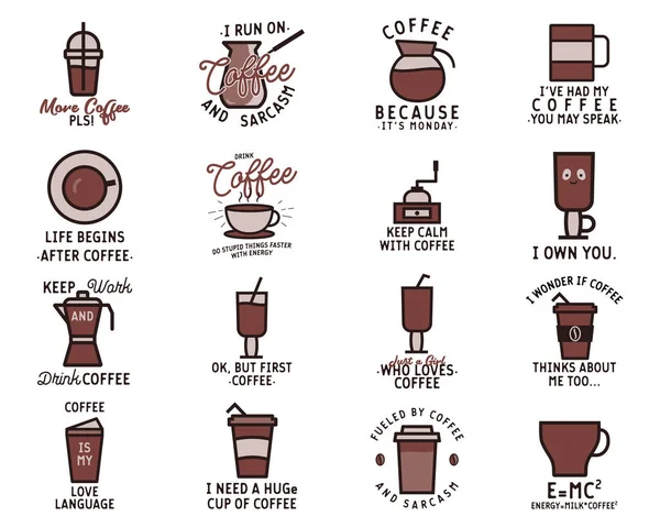 Set Flat Style Vector Illustrations Various Coffee Cups Funny Inscriptions — Vettoriale Stock