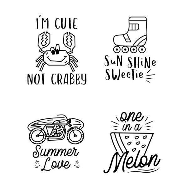 Set of linear style vector images with crab roller skates motorcycle with surfboard and melon slice against white background with funny inscriptions