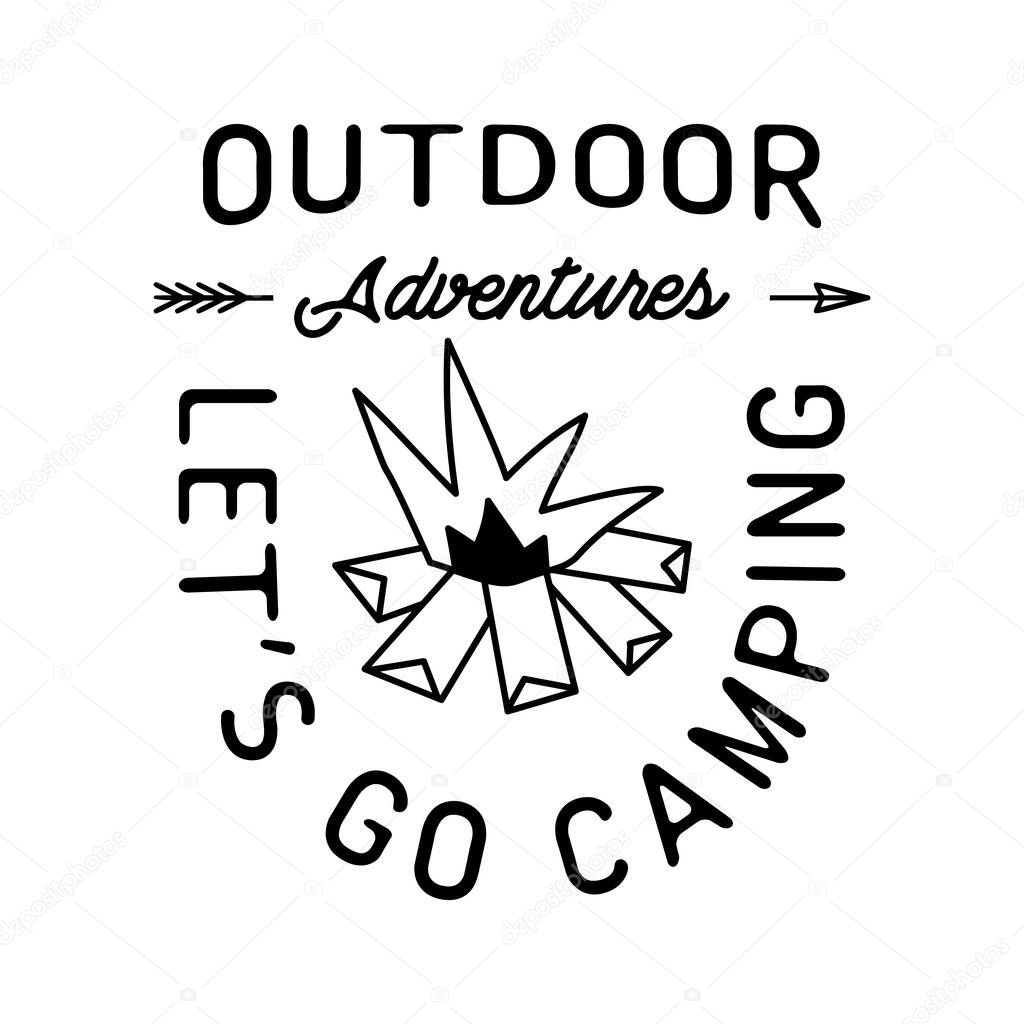 Flat style vector illustration of burning bonfire with Outdoor Adventures and Lets Go Camping inscriptions against white background