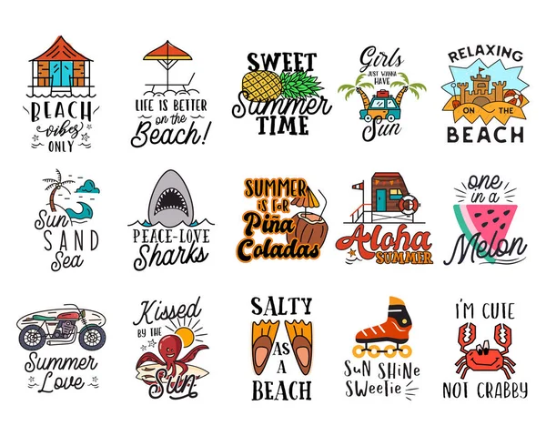 Collection Creative Vector Stickers Various Funny Quotes Colorful Summer Theme — Stockový vektor