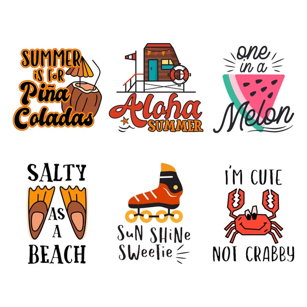 Collection Various Vector Stickers Colorful Thematic Summertime Images Funny Inscriptions — Stockvector