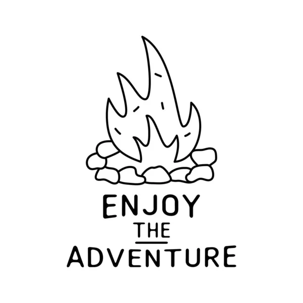 Simple Vector Banner Outline Burning Campfire Icon Enjoy Adventure Inscription — Stock Vector