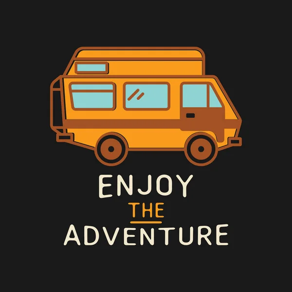 Vector Illustration Enjoy Adventure Inscription Camper Van Picture Black Background — Image vectorielle