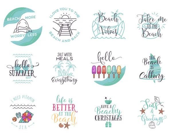 Summer Signs Set Beach Badges Different Quotes Hello Summer Beach — Vettoriale Stock