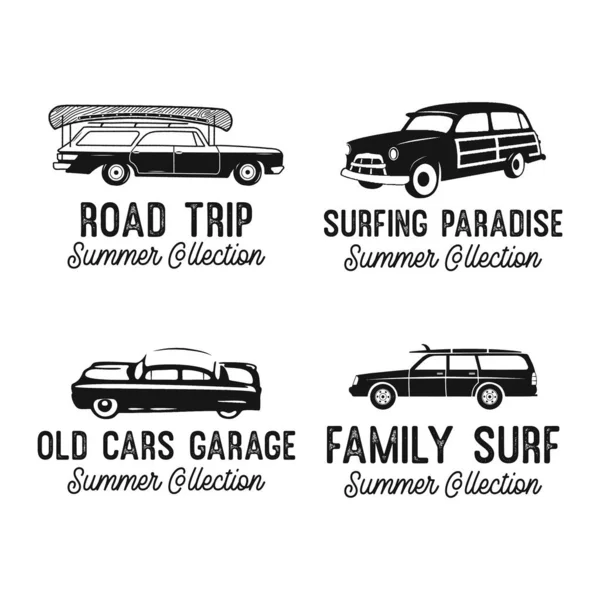 Silhouette Style Vector Labels Various Modern Retro Vehicles Summer Collection — Vetor de Stock