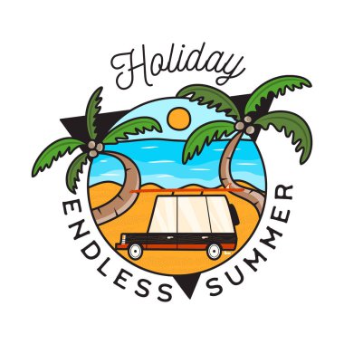 illustration of logo of automobile on sandy beach with palms near sea showing concept of summer holiday and traveling