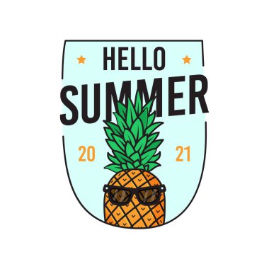 illustration of sticker of pineapple in sunglasses with inscription Hello Summer 2021