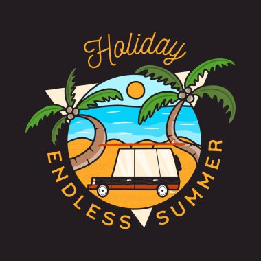 Summer adventure sticker badge design. Surfing car with palms on the beach logo emblem. Holiday - endless summer quote. Stock graphics.